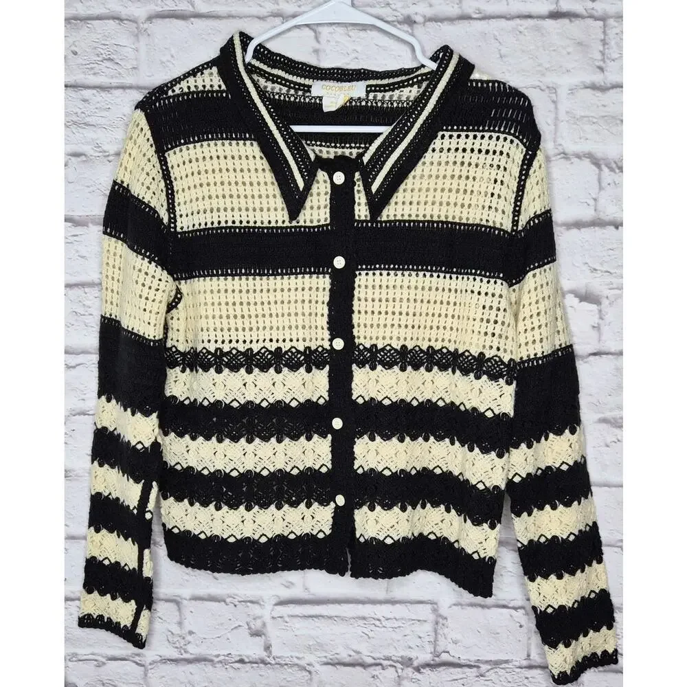 COCOBLEU NY Crochet Knit Cardigan Sweater Medium Black White Striped Boho Button